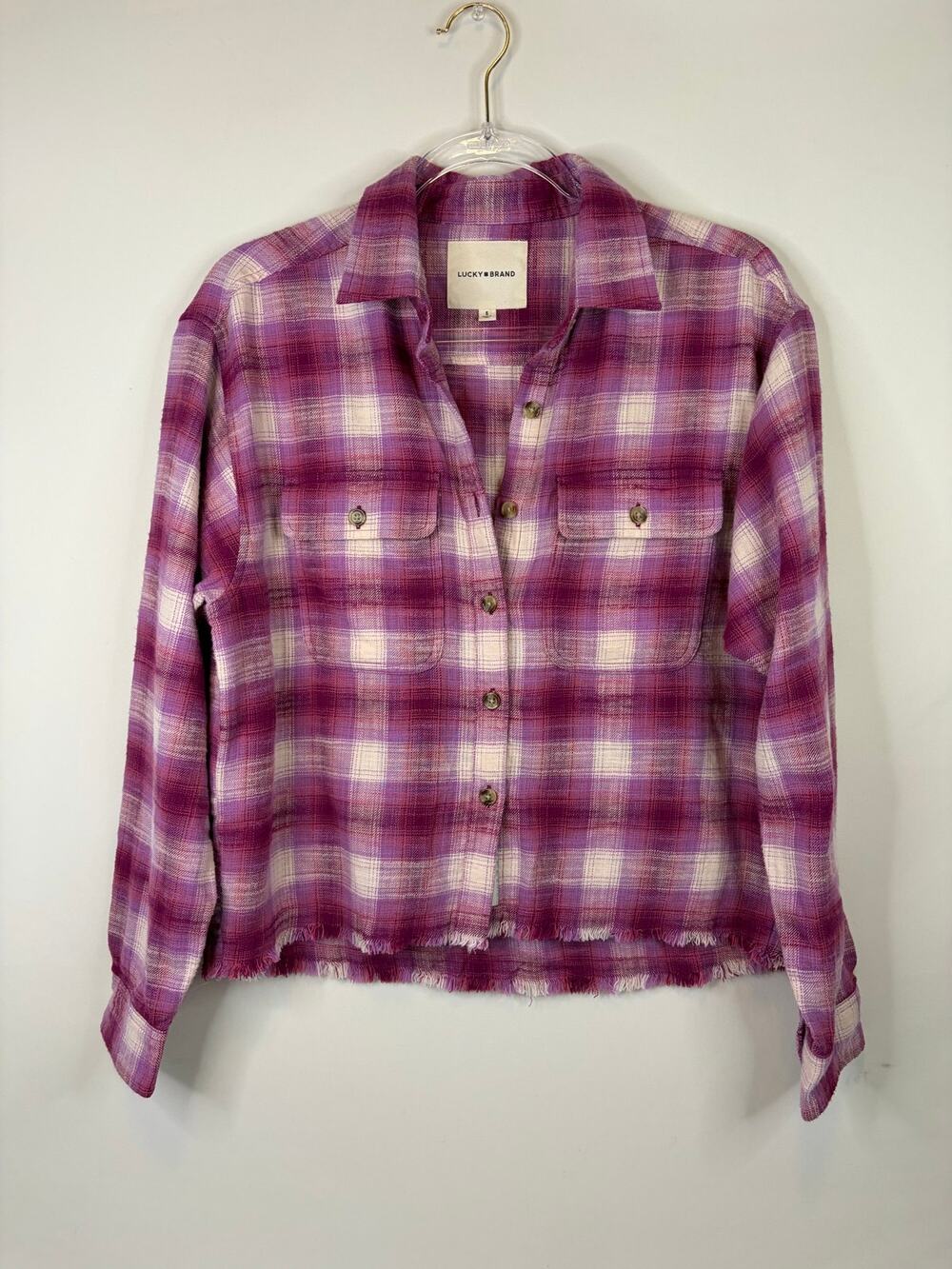 Lucky Brand Pink Plaid Raw Edge Button-Up Flannel Shirt Size Small